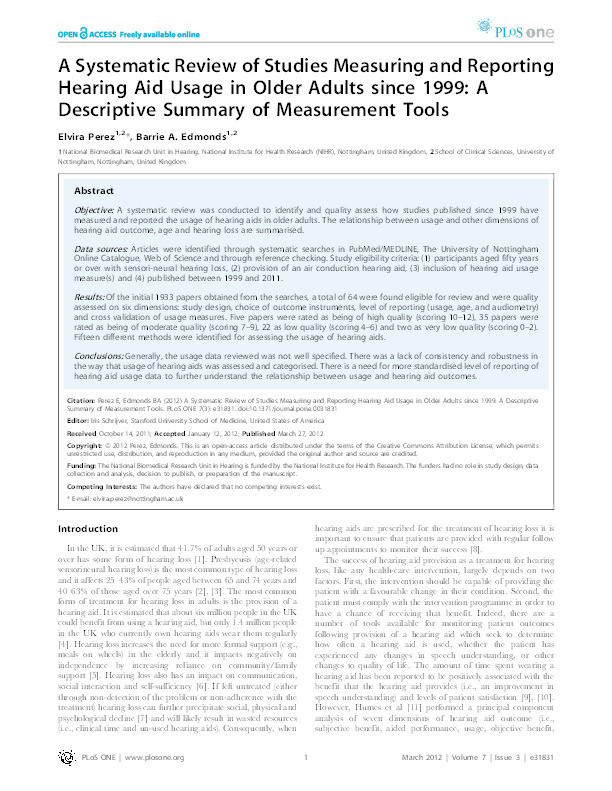 A systematic review of studies measuring and reporting hearing aid usage in older adults since 1999: a descriptive summary of measurement tools Thumbnail