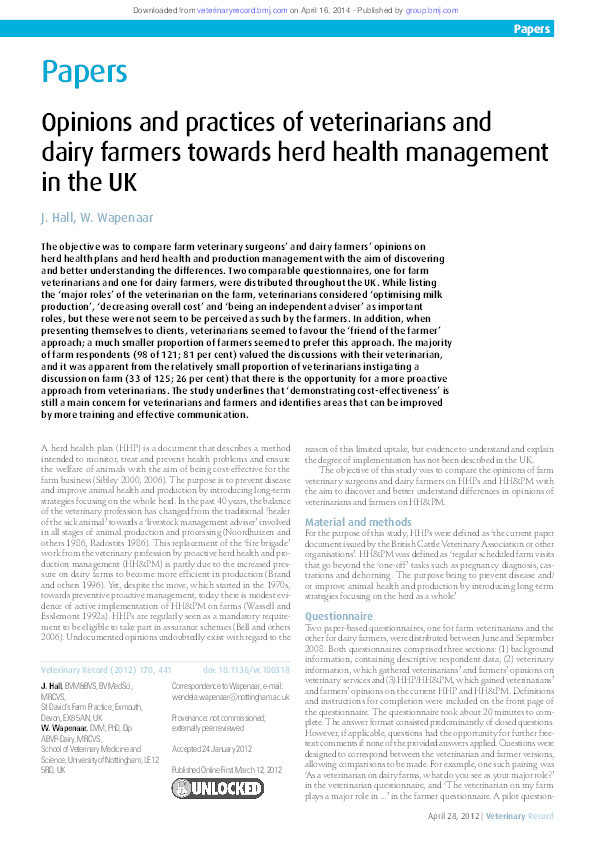 Opinions and practices of veterinarians and dairy farmers towards herd health management in the UK Thumbnail