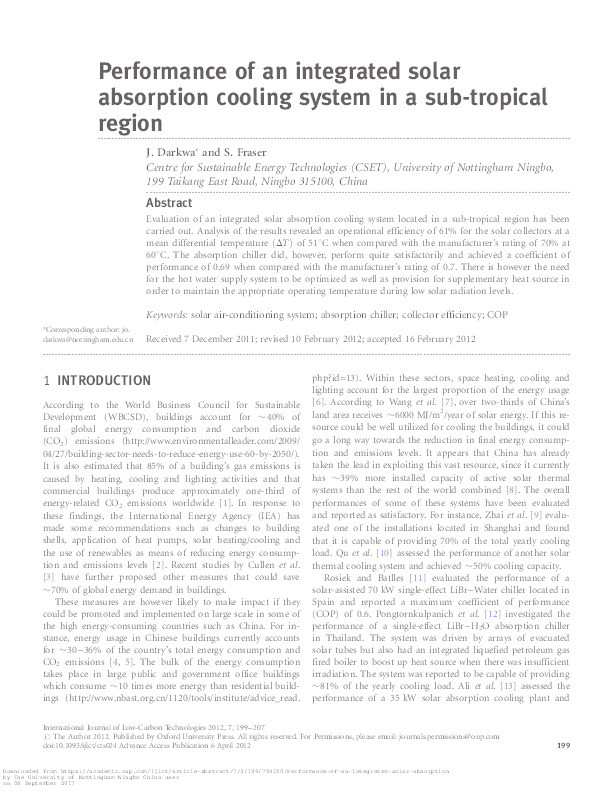 Performance of an integrated solar absorption cooling system in a sub-tropical region Thumbnail
