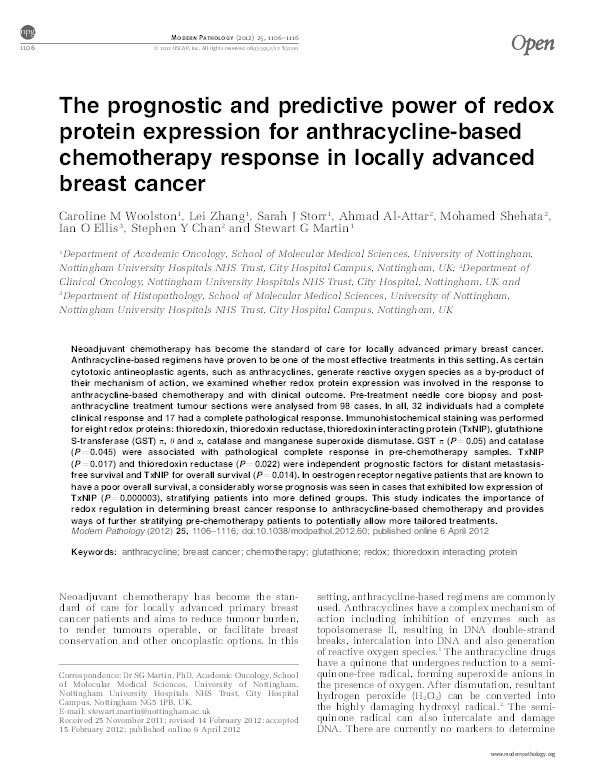 The prognostic and predictive power of redox rotein expression for anthracycline-based chemotherapy response in locally advanced breast cancer Thumbnail