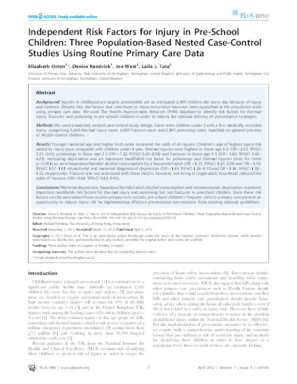 Independent risk factors for injury in pre-school children: three population-based nested case-control studies using routine primary care data Thumbnail