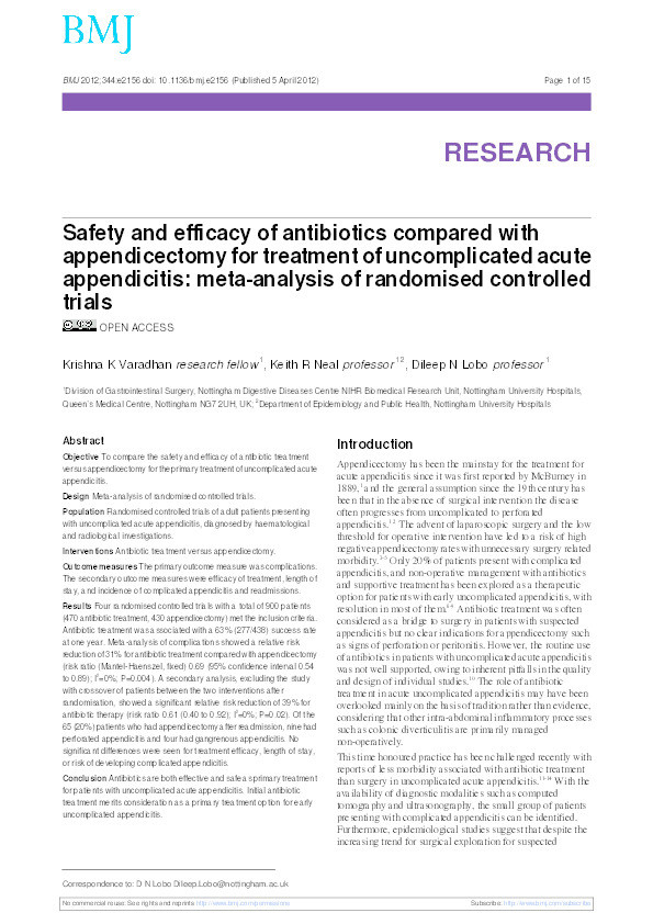 Safety and efficacy of antibiotics compared with appendicectomy for treatment of uncomplicated acute appendicitis: meta-analysis of randomised controlled trials Thumbnail