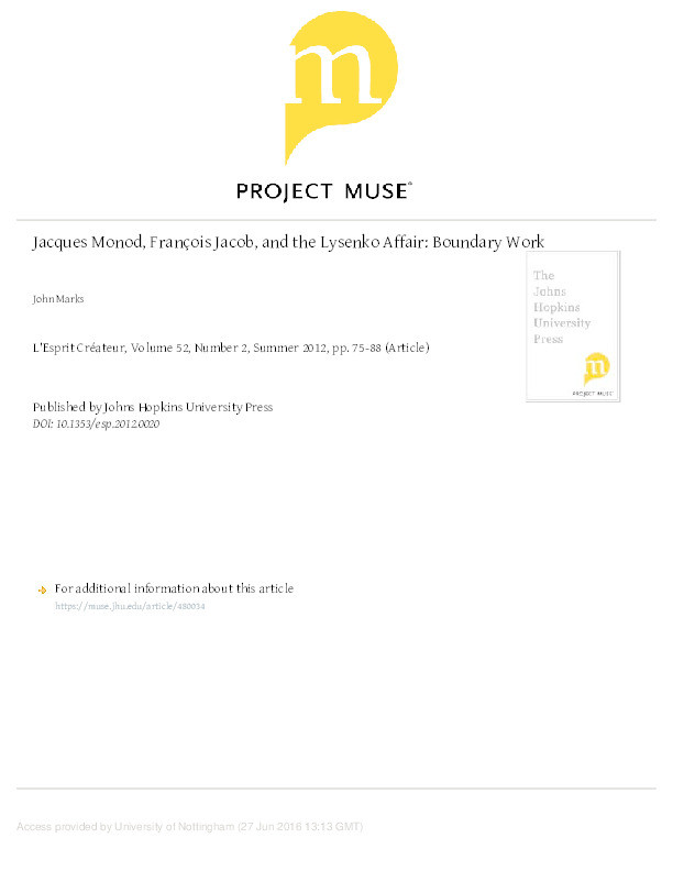 Jacques Monod, François Jacob, and the Lysenko affair: boundary work Thumbnail