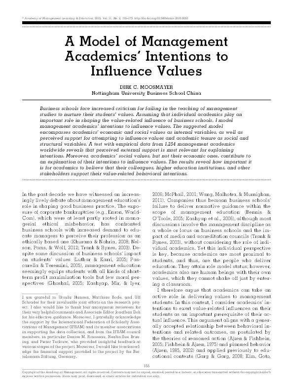 A model of management academics' intentions to influence values Thumbnail