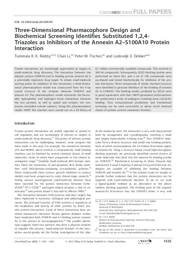 Three-dimensional pharmacophore design and biochemical screening identifies substituted 1,2,4-triazoles as inhibitors of the annexin A2-S100A10 protein interaction Thumbnail