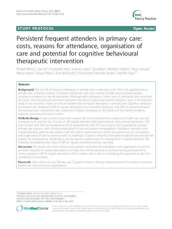 Persistent frequent attenders in primary care: costs, reasons for attendance, organisation of care and potential for cognitive behavioural therapeutic intervention Thumbnail