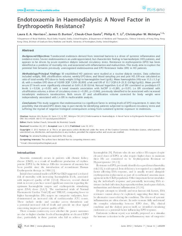 Endotoxaemia in haemodialysis: a novel factor in erythropoetin resistance? Thumbnail