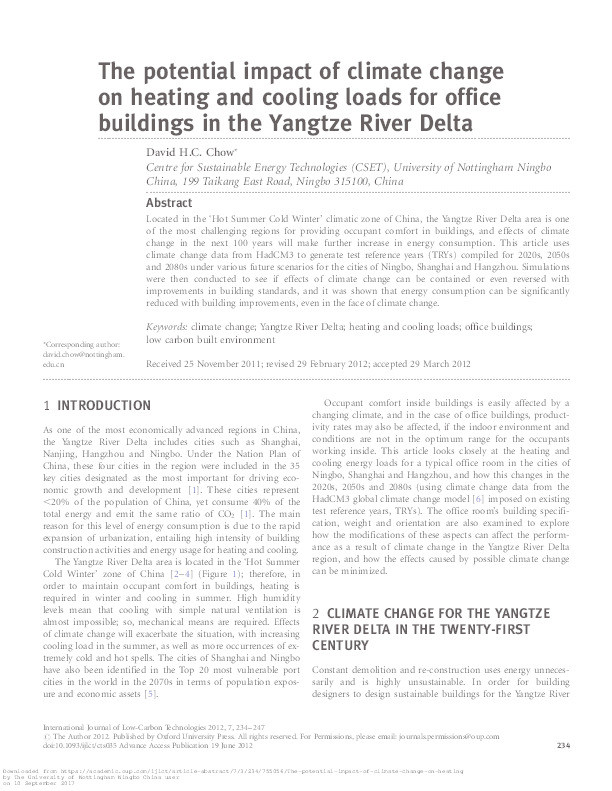 The potential impact of climate change on heating and cooling loads for office buildings in the Yangtze River Delta Thumbnail