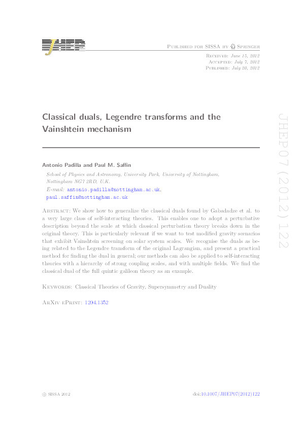 Classical duals, Legendre transforms and the Vainshtein mechanism Thumbnail