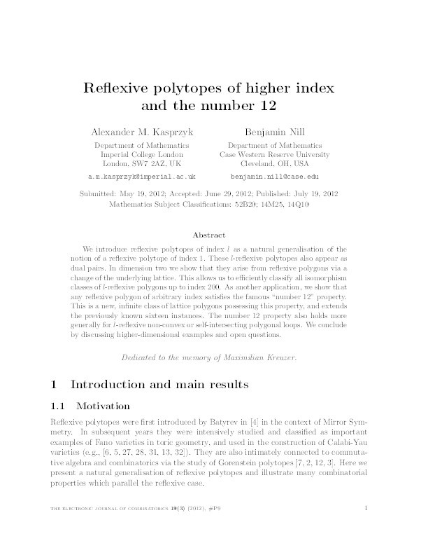 Reflexive polytopes of higher index and the number 12 Thumbnail