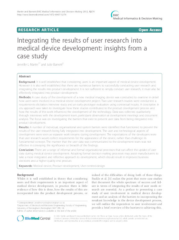 Integrating the results of user research into medical device development: insights from a case study Thumbnail