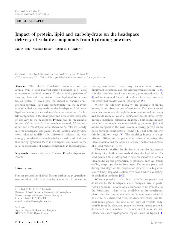 Impact of protein, lipid and carbohydrate on the headspace delivery of volatile compounds from hydrating powders Thumbnail