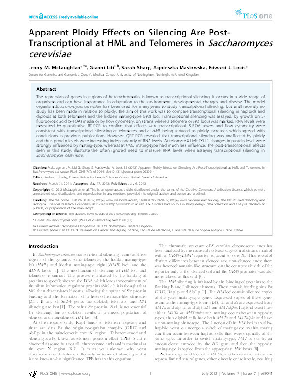 Apparent ploidy effects on silencing are post-transcriptional at HML and telomeres in saccharomyces cerevisiae Thumbnail