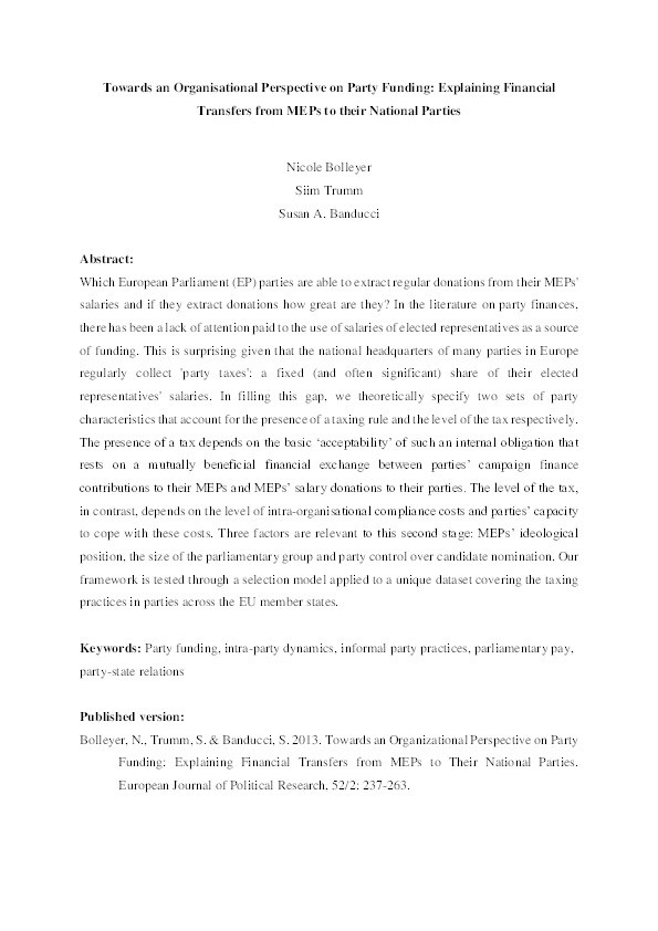 Towards an organizational perspective on party funding: explaining financial transfers from MEPs to their national parties Thumbnail