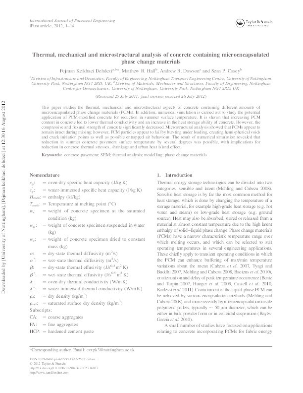 Thermal, mechanical and microstructural analysis of concrete containing microencapsulated phase change materials Thumbnail