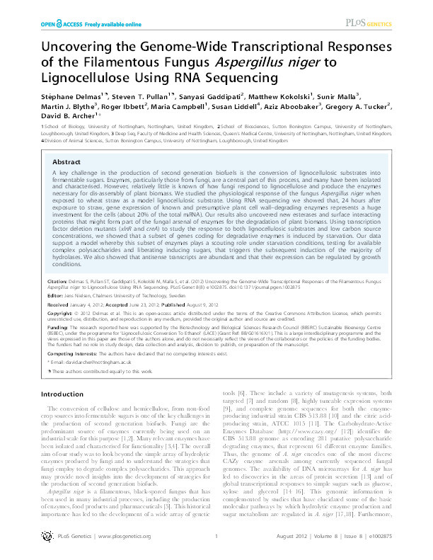 Uncovering the genome-wide transcriptional responses of the filamentous fungus Aspergillus niger to lignocellulose using RNA sequencing Thumbnail