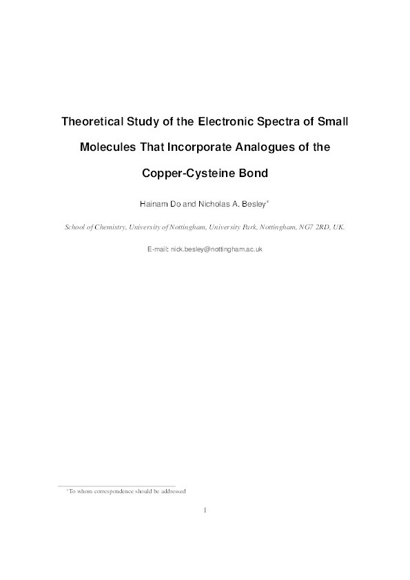 Theoretical study of the electronic spectra of small molecules that incorporate analogues of the copper-cysteine bond Thumbnail