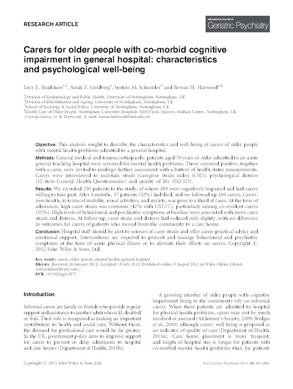 Carers for older people with co-morbid cognitive impairment in general hospital: characteristics and psychological well-being Thumbnail