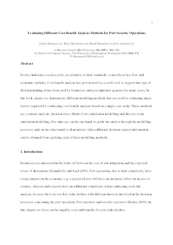 Evaluating different cost-benefit analysis methods for port security operations Thumbnail