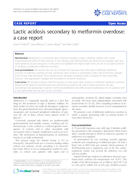 Lactic acidosis secondary to metformin overdose: a case report Thumbnail
