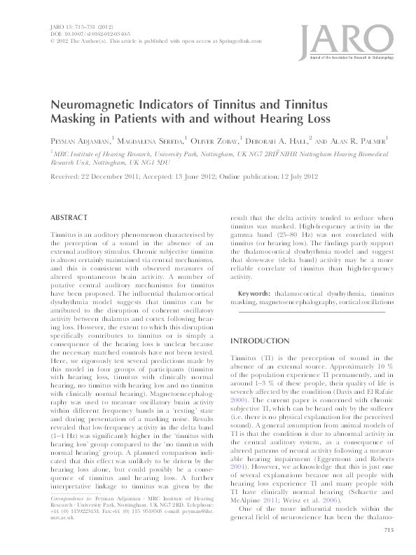 Neuromagnetic indicators of tinnitus and tinnitus masking in patients with and without hearing loss Thumbnail