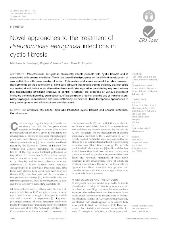 Novel approaches to the treatment of Pseudomonas aeruginosa infections in cystic fibrosis Thumbnail