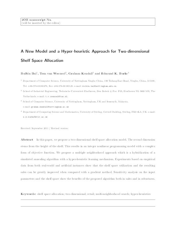 A new model and a hyper-heuristic approach for two-dimensional shelf space allocation Thumbnail