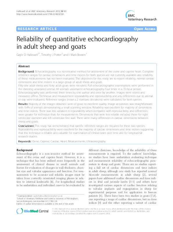 Reliability of quantitative echocardiography in adult sheep and goats Thumbnail