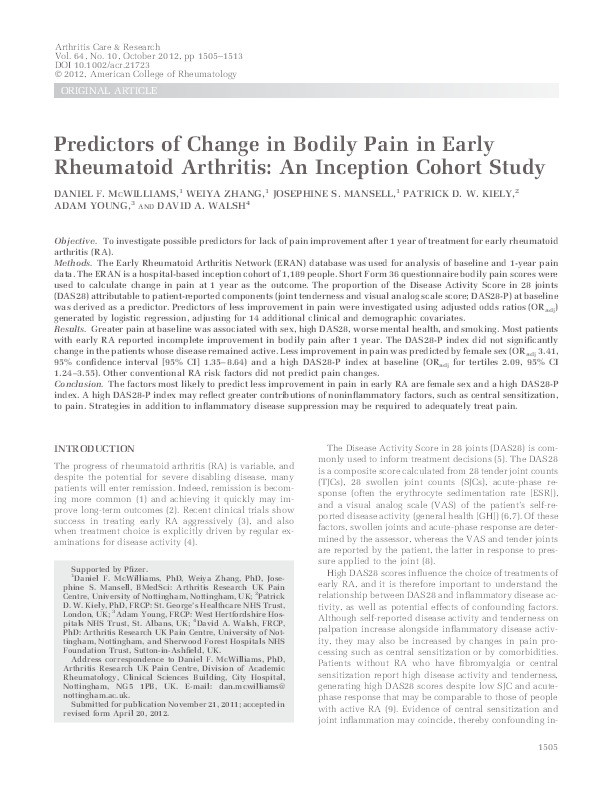 Predictors of change in bodily pain in early rheumatoid arthritis: an inception cohort study Thumbnail