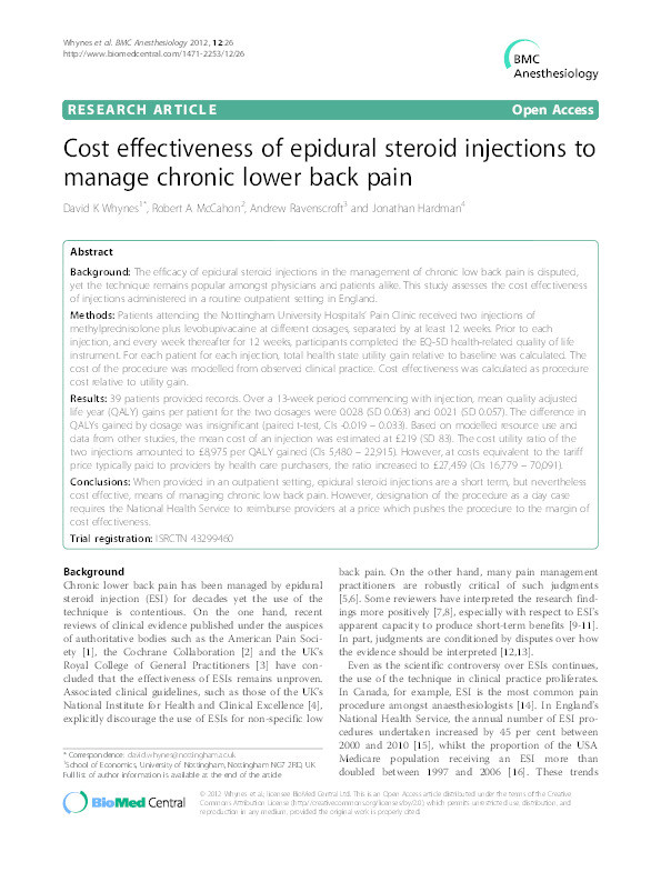 Cost effectiveness of epidural steroid injections to manage chronic lower back pain Thumbnail