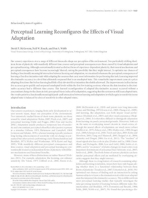 Perceptual learning reconfigures the effects of visual adaptation Thumbnail