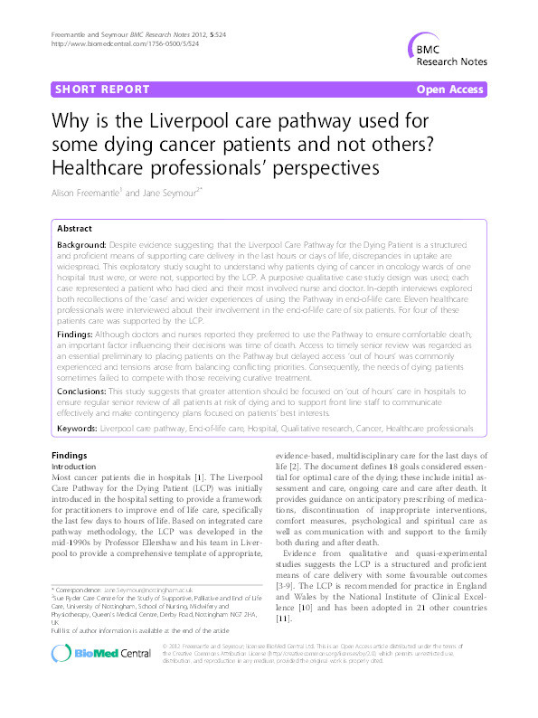 Why is the Liverpool care pathway used for some dying cancer patients and not others? Healthcare professionals’ perspectives Thumbnail