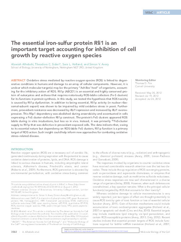 The essential iron-sulfur protein Rli1 is an important target accounting for inhibition of cell growth by reactive oxygen species Thumbnail