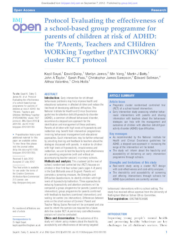 Protocol evaluating the effectiveness of a school-based group programme for parents of children at risk of ADHD: the ‘PArents, Teachers and CHildren WORKing Together (PATCHWORK)’ cluster RCT protocol Thumbnail