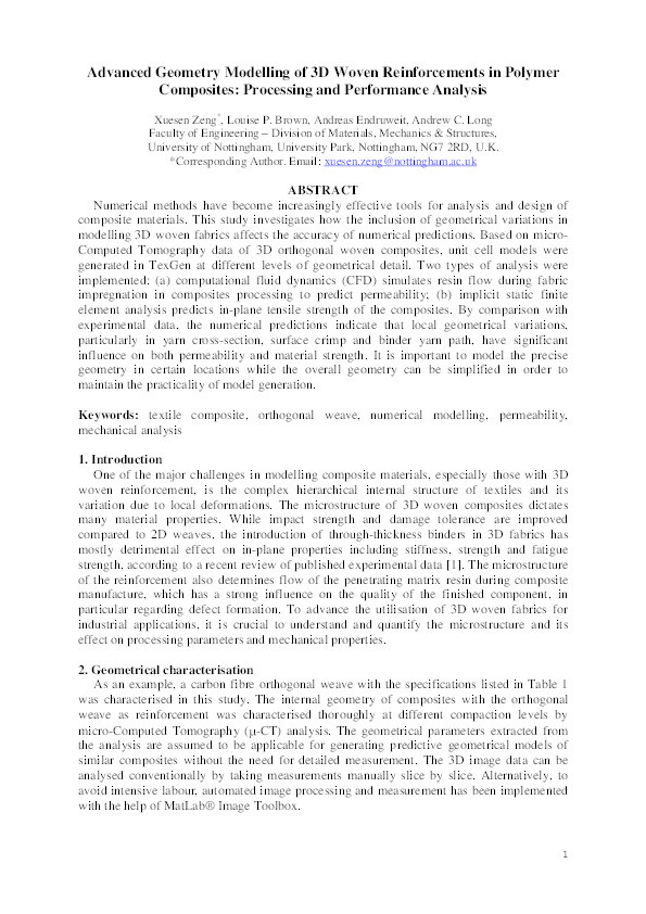 Advanced geometry modelling of 3D woven reinforcements in polymer composites: processing and performance analysis Thumbnail