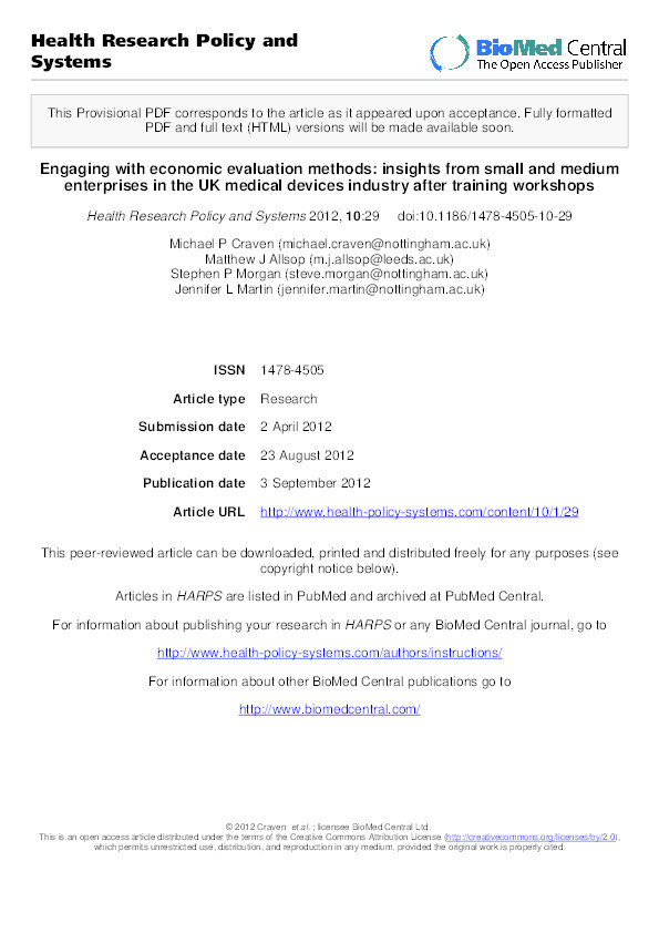 Engaging with economic evaluation methods: insights from small and medium enterprises in the UK medical devices industry after training workshops Thumbnail