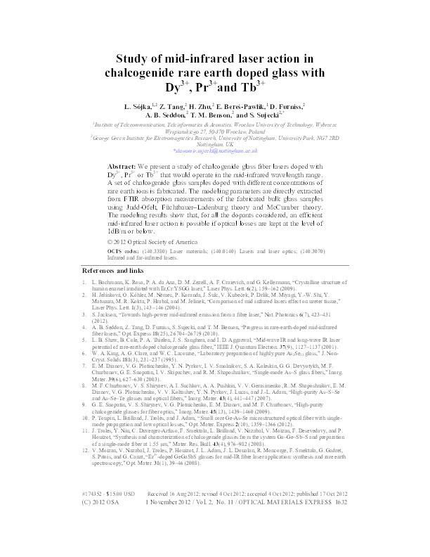 Study of mid-infrared laser action in chalcogenide rare earth doped glass with Dy3+, Pr3+ and Tb3+ Thumbnail