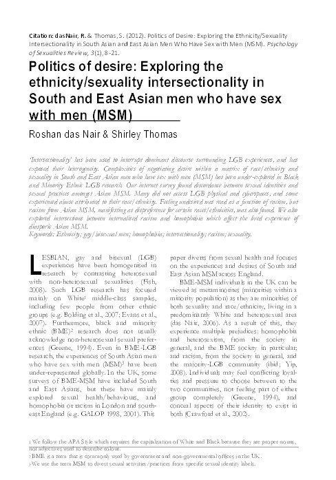 Politics of desire: exploring the ethnicity/sexuality intersectionality in south asian and east asian men who have sex with men (MSM) Thumbnail