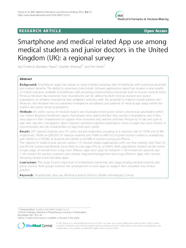 Smartphone and medical related App use among medical students and junior doctors in the United Kingdom (UK): a regional survey Thumbnail