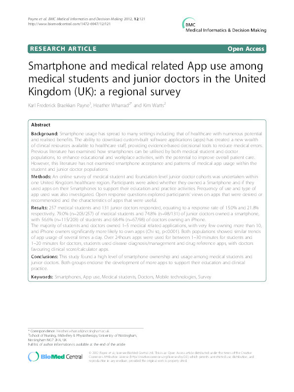 Smartphone and medical related App use among
medical students and junior doctors in the United
Kingdom (UK): a regional survey Thumbnail