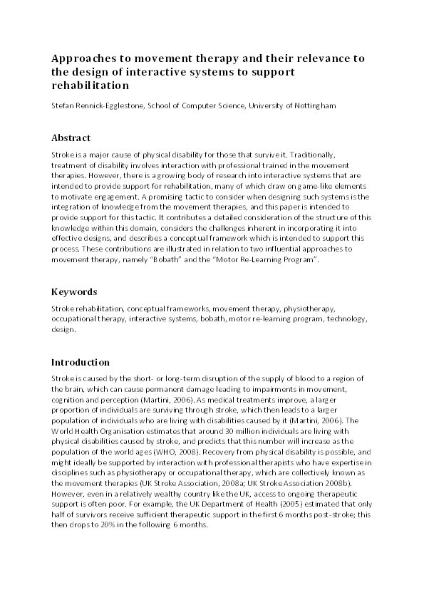 Approaches to movement therapy and their relevance to the design of interactive systems to support rehabilitation Thumbnail