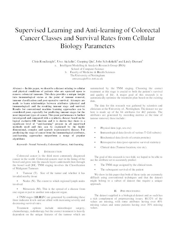 Supervised learning and anti-learning of colorectal cancer classes and survival rates from cellular biology parameters Thumbnail
