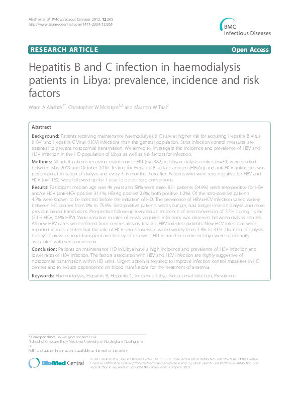 Hepatitis B and C infection in haemodialysis patients in Libya: prevalence, incidence and risk factors Thumbnail