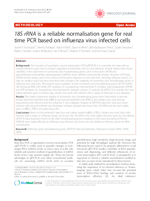 18S rRNA is a reliable normalisation gene for real time PCR based on influenza virus infected cells Thumbnail