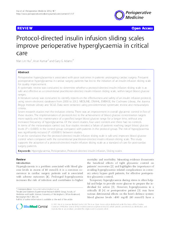Protocol-directed insulin infusion sliding scales improve perioperative hyperglycaemia in critical care Thumbnail