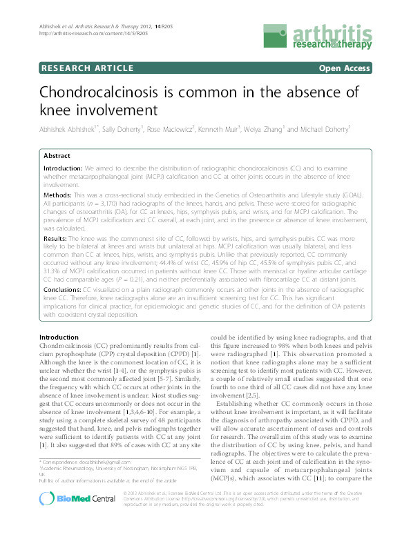Chondrocalcinosis is common in the absence of knee involvement Thumbnail