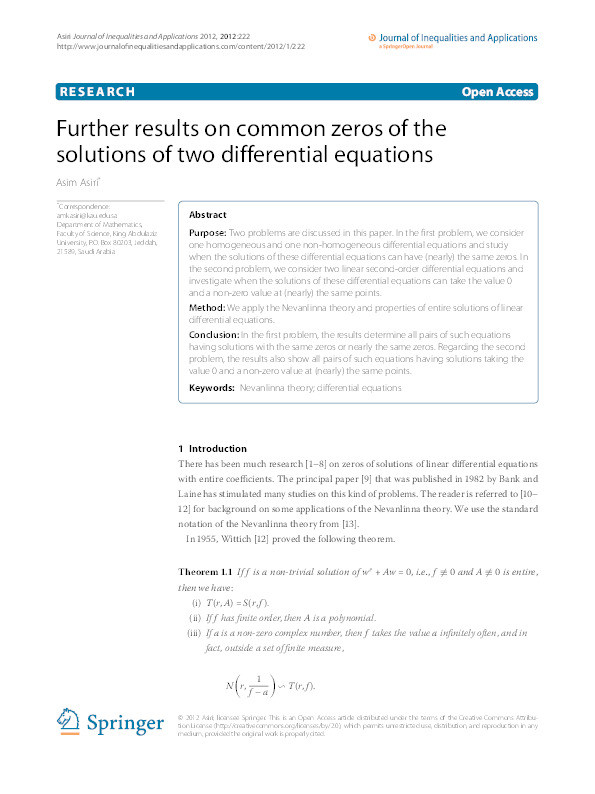 Further results on common zeros of the solutions of two differential equations Thumbnail