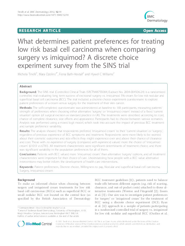 What determines patient preferences for treating low risk basal cell carcinoma when comparing surgery vs imiquimod?: a discrete choice experiment survey from the SINS trial Thumbnail