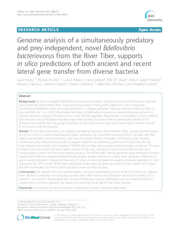 Genome analysis of a simultaneously predatory and prey-independent, novel Bdellovibrio bacteriovorus from the River Tiber, supports in silico predictions of both ancient and recent lateral gene transfer from diverse bacteria Thumbnail