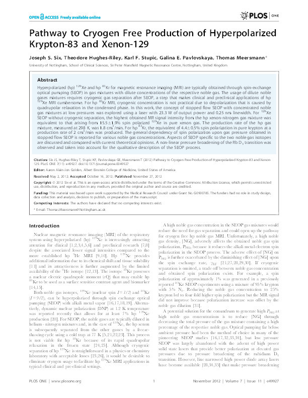 Pathway to cryogen free production of hyperpolarized krypton-83 and xenon-129 Thumbnail